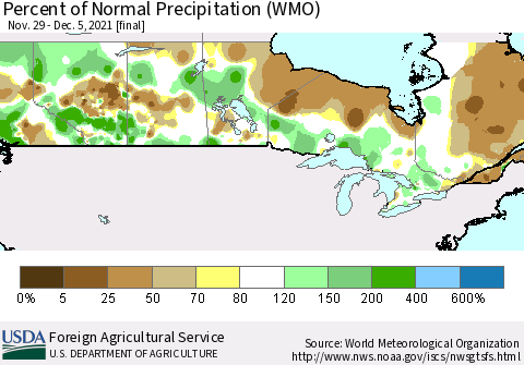 Canada Percent of Normal Precipitation (WMO) Thematic Map For 11/29/2021 - 12/5/2021