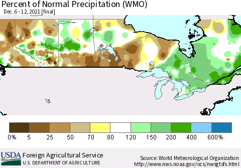 Canada Percent of Normal Precipitation (WMO) Thematic Map For 12/6/2021 - 12/12/2021