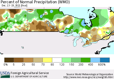 Canada Percent of Normal Precipitation (WMO) Thematic Map For 12/13/2021 - 12/19/2021