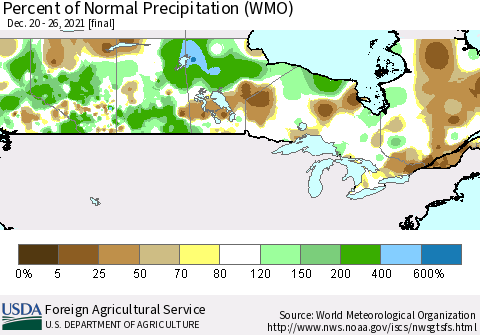 Canada Percent of Normal Precipitation (WMO) Thematic Map For 12/20/2021 - 12/26/2021