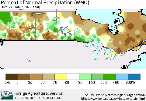 Canada Percent of Normal Precipitation (WMO) Thematic Map For 12/27/2021 - 1/2/2022