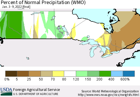 Canada Percent of Normal Precipitation (WMO) Thematic Map For 1/3/2022 - 1/9/2022