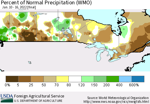 Canada Percent of Normal Precipitation (WMO) Thematic Map For 1/10/2022 - 1/16/2022