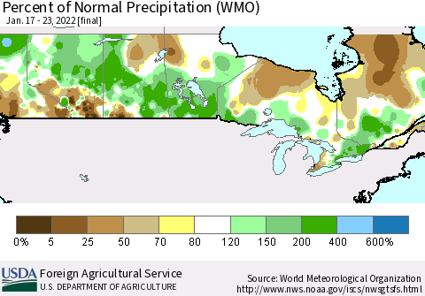 Canada Percent of Normal Precipitation (WMO) Thematic Map For 1/17/2022 - 1/23/2022