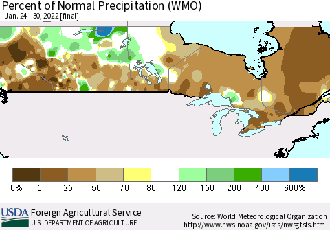 Canada Percent of Normal Precipitation (WMO) Thematic Map For 1/24/2022 - 1/30/2022