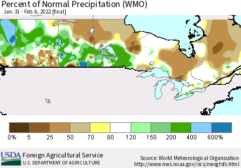 Canada Percent of Normal Precipitation (WMO) Thematic Map For 1/31/2022 - 2/6/2022