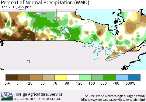Canada Percent of Normal Precipitation (WMO) Thematic Map For 2/7/2022 - 2/13/2022