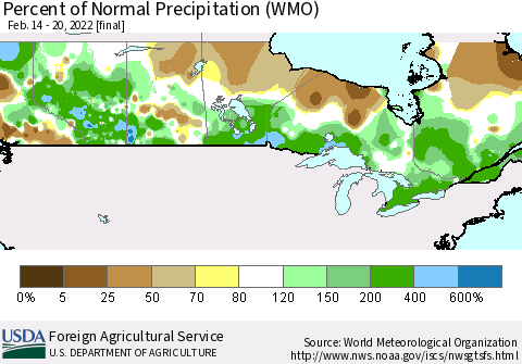 Canada Percent of Normal Precipitation (WMO) Thematic Map For 2/14/2022 - 2/20/2022