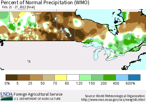 Canada Percent of Normal Precipitation (WMO) Thematic Map For 2/21/2022 - 2/27/2022
