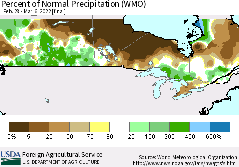 Canada Percent of Normal Precipitation (WMO) Thematic Map For 2/28/2022 - 3/6/2022
