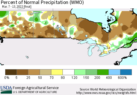 Canada Percent of Normal Precipitation (WMO) Thematic Map For 3/7/2022 - 3/13/2022