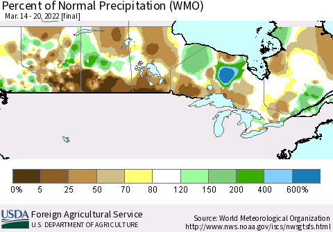 Canada Percent of Normal Precipitation (WMO) Thematic Map For 3/14/2022 - 3/20/2022