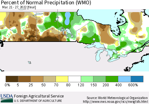 Canada Percent of Normal Precipitation (WMO) Thematic Map For 3/21/2022 - 3/27/2022