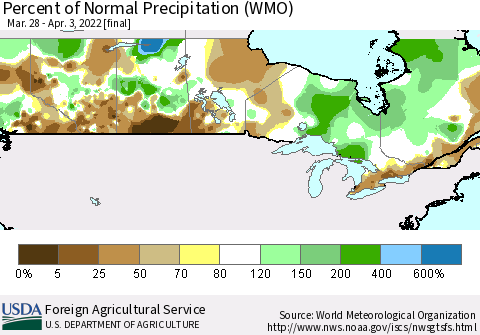 Canada Percent of Normal Precipitation (WMO) Thematic Map For 3/28/2022 - 4/3/2022
