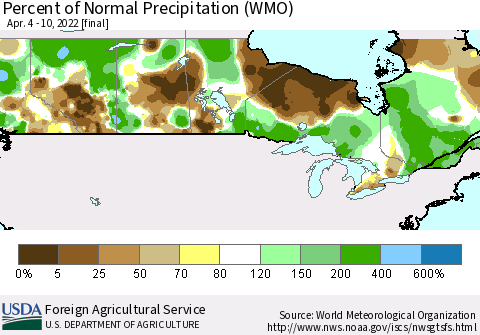 Canada Percent of Normal Precipitation (WMO) Thematic Map For 4/4/2022 - 4/10/2022