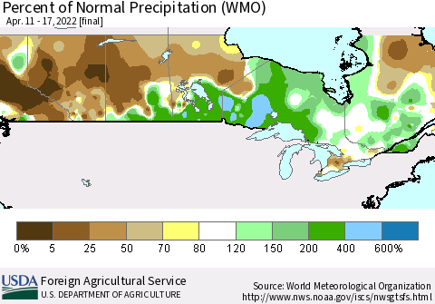 Canada Percent of Normal Precipitation (WMO) Thematic Map For 4/11/2022 - 4/17/2022