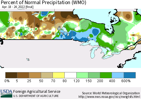 Canada Percent of Normal Precipitation (WMO) Thematic Map For 4/18/2022 - 4/24/2022