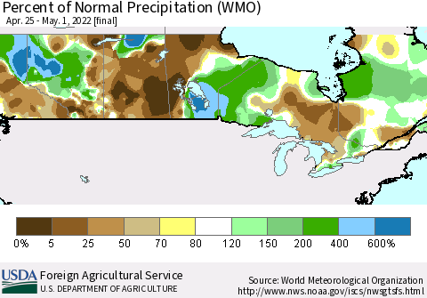 Canada Percent of Normal Precipitation (WMO) Thematic Map For 4/25/2022 - 5/1/2022