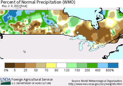 Canada Percent of Normal Precipitation (WMO) Thematic Map For 5/2/2022 - 5/8/2022