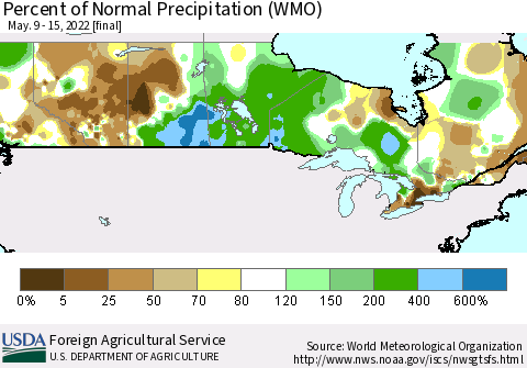 Canada Percent of Normal Precipitation (WMO) Thematic Map For 5/9/2022 - 5/15/2022