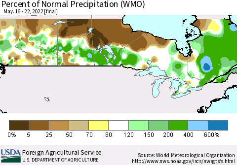 Canada Percent of Normal Precipitation (WMO) Thematic Map For 5/16/2022 - 5/22/2022