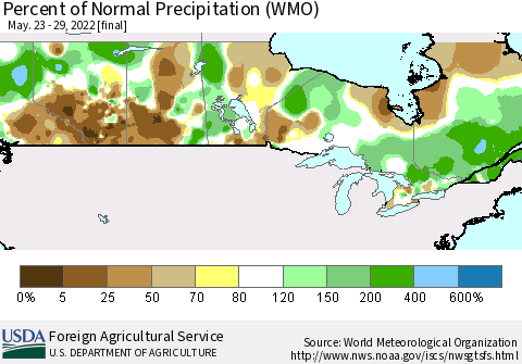 Canada Percent of Normal Precipitation (WMO) Thematic Map For 5/23/2022 - 5/29/2022