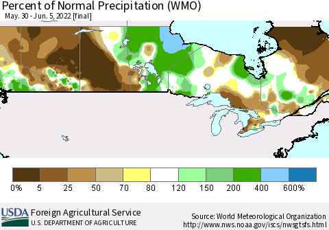 Canada Percent of Normal Precipitation (WMO) Thematic Map For 5/30/2022 - 6/5/2022