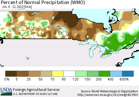 Canada Percent of Normal Precipitation (WMO) Thematic Map For 6/6/2022 - 6/12/2022