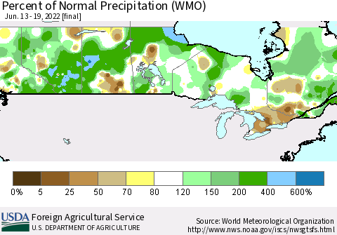 Canada Percent of Normal Precipitation (WMO) Thematic Map For 6/13/2022 - 6/19/2022