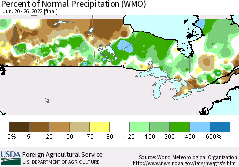 Canada Percent of Normal Precipitation (WMO) Thematic Map For 6/20/2022 - 6/26/2022