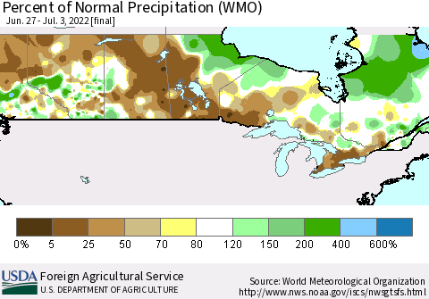 Canada Percent of Normal Precipitation (WMO) Thematic Map For 6/27/2022 - 7/3/2022