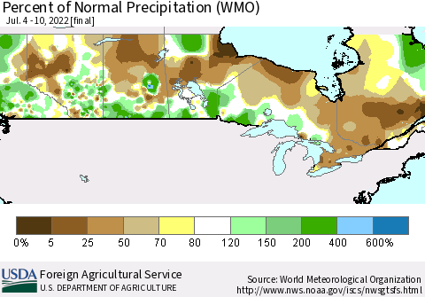 Canada Percent of Normal Precipitation (WMO) Thematic Map For 7/4/2022 - 7/10/2022
