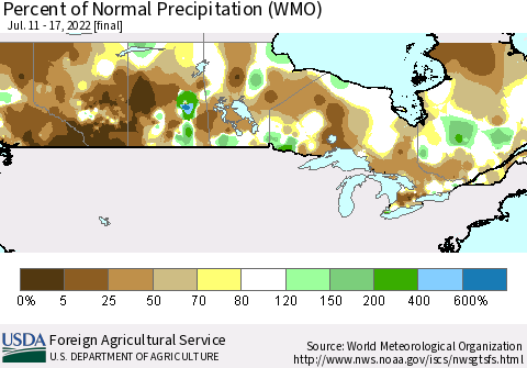 Canada Percent of Normal Precipitation (WMO) Thematic Map For 7/11/2022 - 7/17/2022
