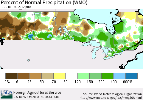 Canada Percent of Normal Precipitation (WMO) Thematic Map For 7/18/2022 - 7/24/2022