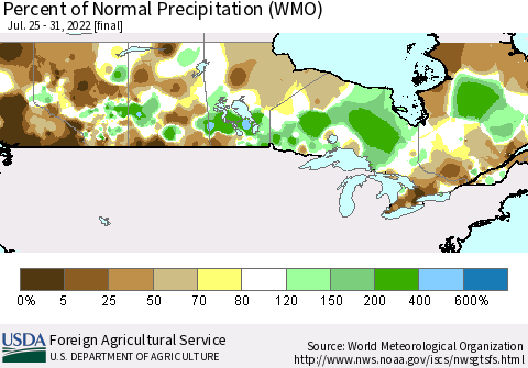 Canada Percent of Normal Precipitation (WMO) Thematic Map For 7/25/2022 - 7/31/2022