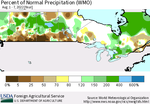 Canada Percent of Normal Precipitation (WMO) Thematic Map For 8/1/2022 - 8/7/2022