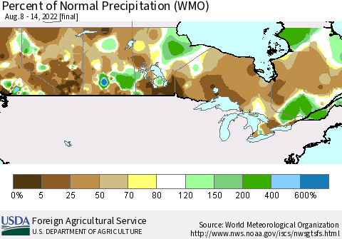 Canada Percent of Normal Precipitation (WMO) Thematic Map For 8/8/2022 - 8/14/2022