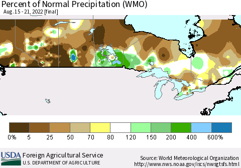 Canada Percent of Normal Precipitation (WMO) Thematic Map For 8/15/2022 - 8/21/2022