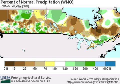 Canada Percent of Normal Precipitation (WMO) Thematic Map For 8/22/2022 - 8/28/2022