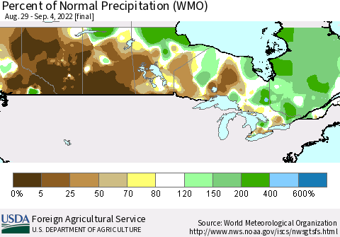Canada Percent of Normal Precipitation (WMO) Thematic Map For 8/29/2022 - 9/4/2022