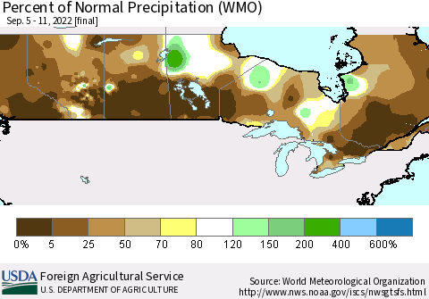 Canada Percent of Normal Precipitation (WMO) Thematic Map For 9/5/2022 - 9/11/2022