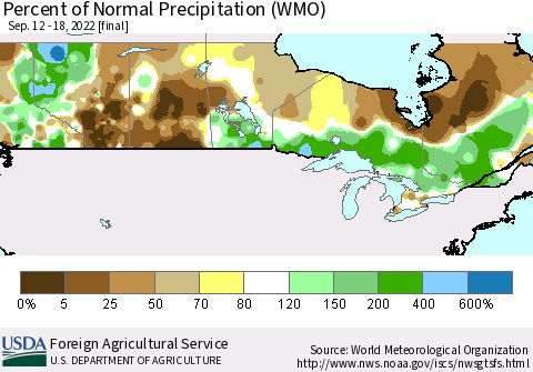 Canada Percent of Normal Precipitation (WMO) Thematic Map For 9/12/2022 - 9/18/2022