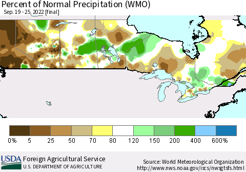 Canada Percent of Normal Precipitation (WMO) Thematic Map For 9/19/2022 - 9/25/2022
