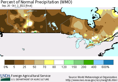 Canada Percent of Normal Precipitation (WMO) Thematic Map For 9/26/2022 - 10/2/2022