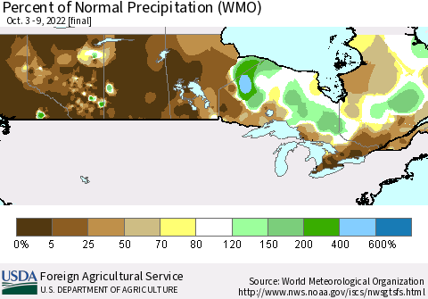 Canada Percent of Normal Precipitation (WMO) Thematic Map For 10/3/2022 - 10/9/2022
