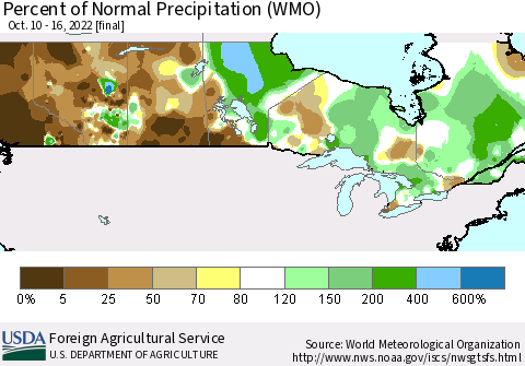 Canada Percent of Normal Precipitation (WMO) Thematic Map For 10/10/2022 - 10/16/2022