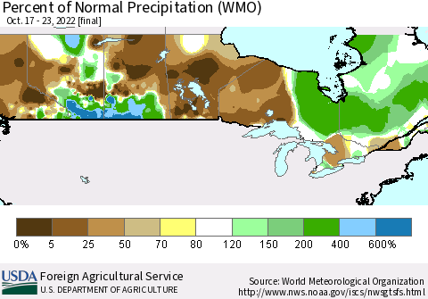 Canada Percent of Normal Precipitation (WMO) Thematic Map For 10/17/2022 - 10/23/2022
