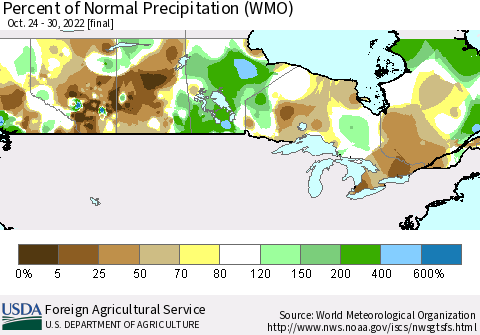 Canada Percent of Normal Precipitation (WMO) Thematic Map For 10/24/2022 - 10/30/2022