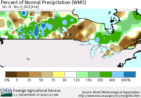 Canada Percent of Normal Precipitation (WMO) Thematic Map For 10/31/2022 - 11/6/2022