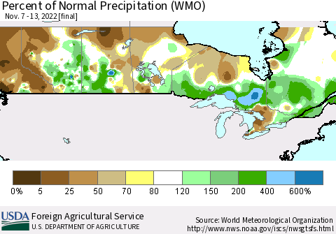 Canada Percent of Normal Precipitation (WMO) Thematic Map For 11/7/2022 - 11/13/2022